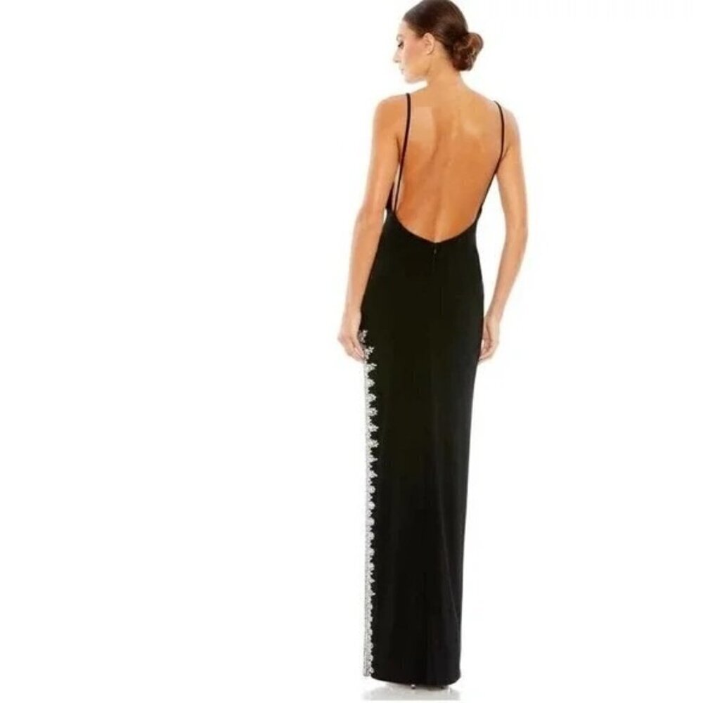 MAC DUGGAL Black Maxi DRESS Size 12 Rhinestone Side Slit Cami Bodycon 42002 New - Picture 3 of 8